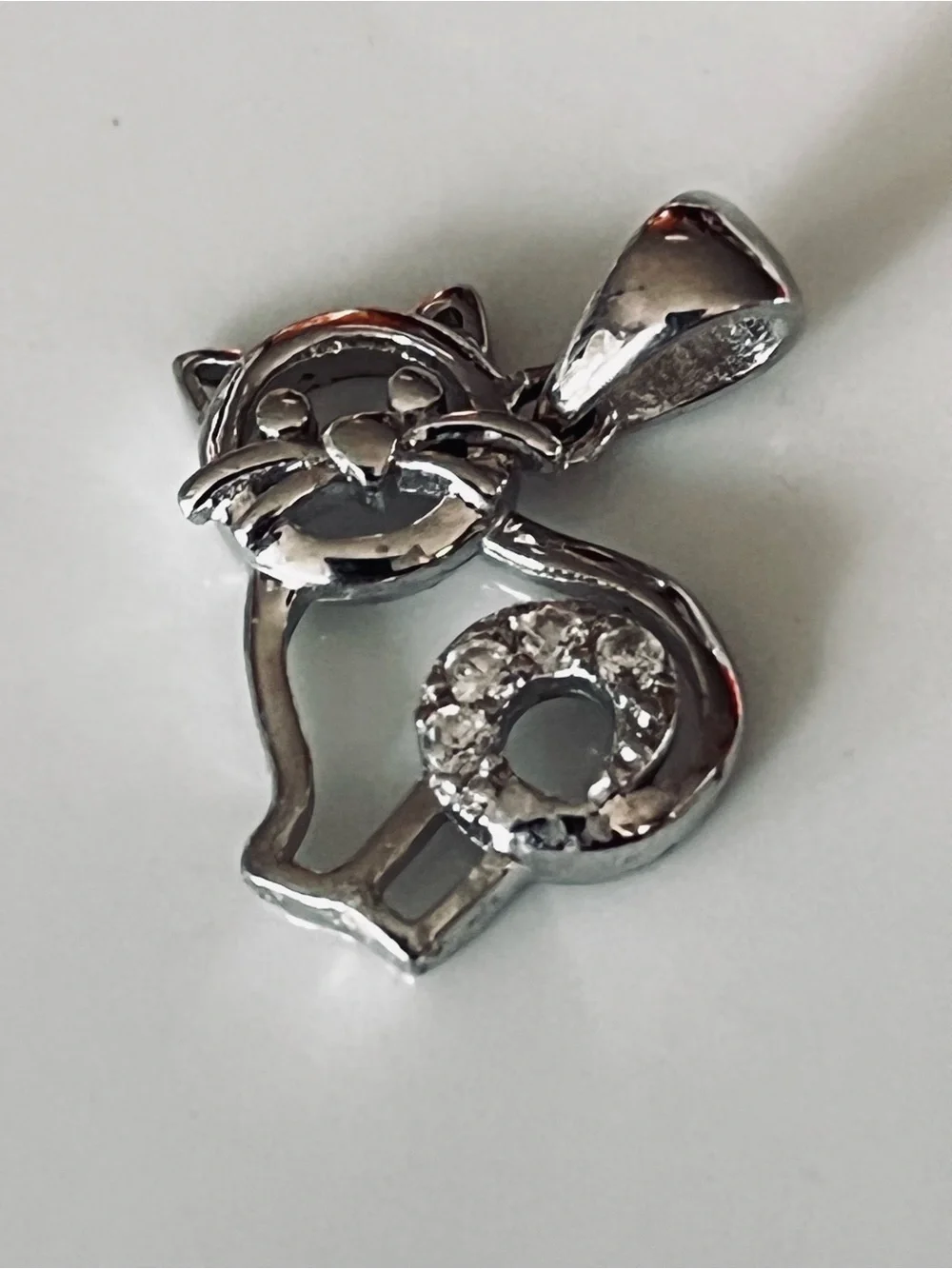 Sterling Silver 925 Cat Pendant with Crystal Tail - Silver